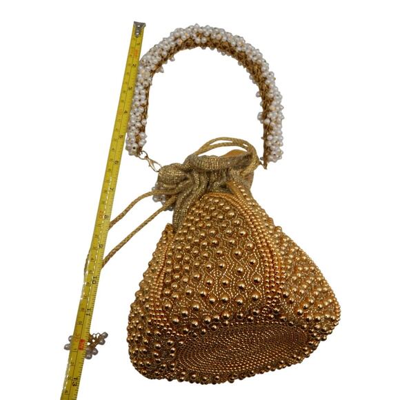 Ramla Handcrafted Lotus Pearl Beaded Embellished Potli Bag Gold - Picture 8 of 9